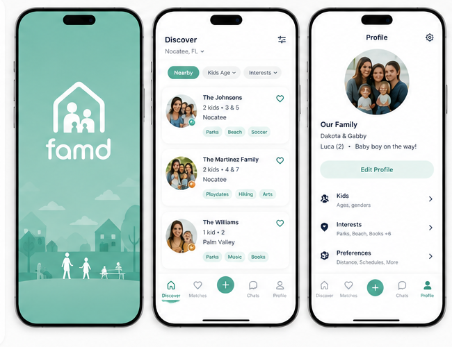 Placeholder for final Famd app screens showing discovery, family profile, and the Famd welcome screen